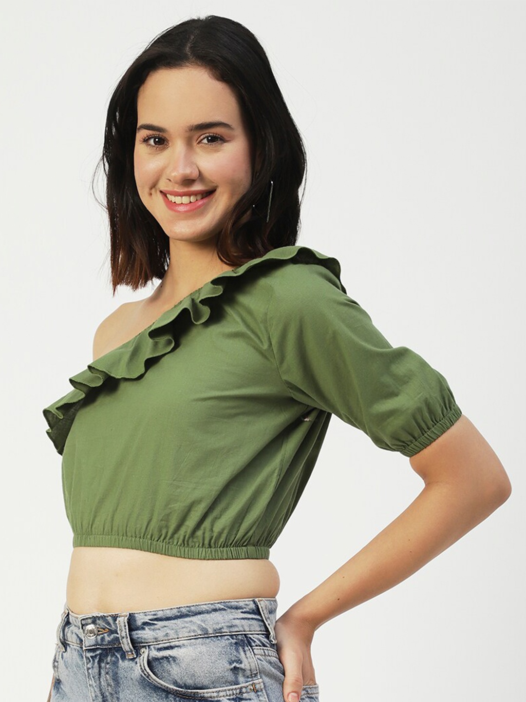 

Moomaya One Shoulder Cotton Blouson Crop Top, Green