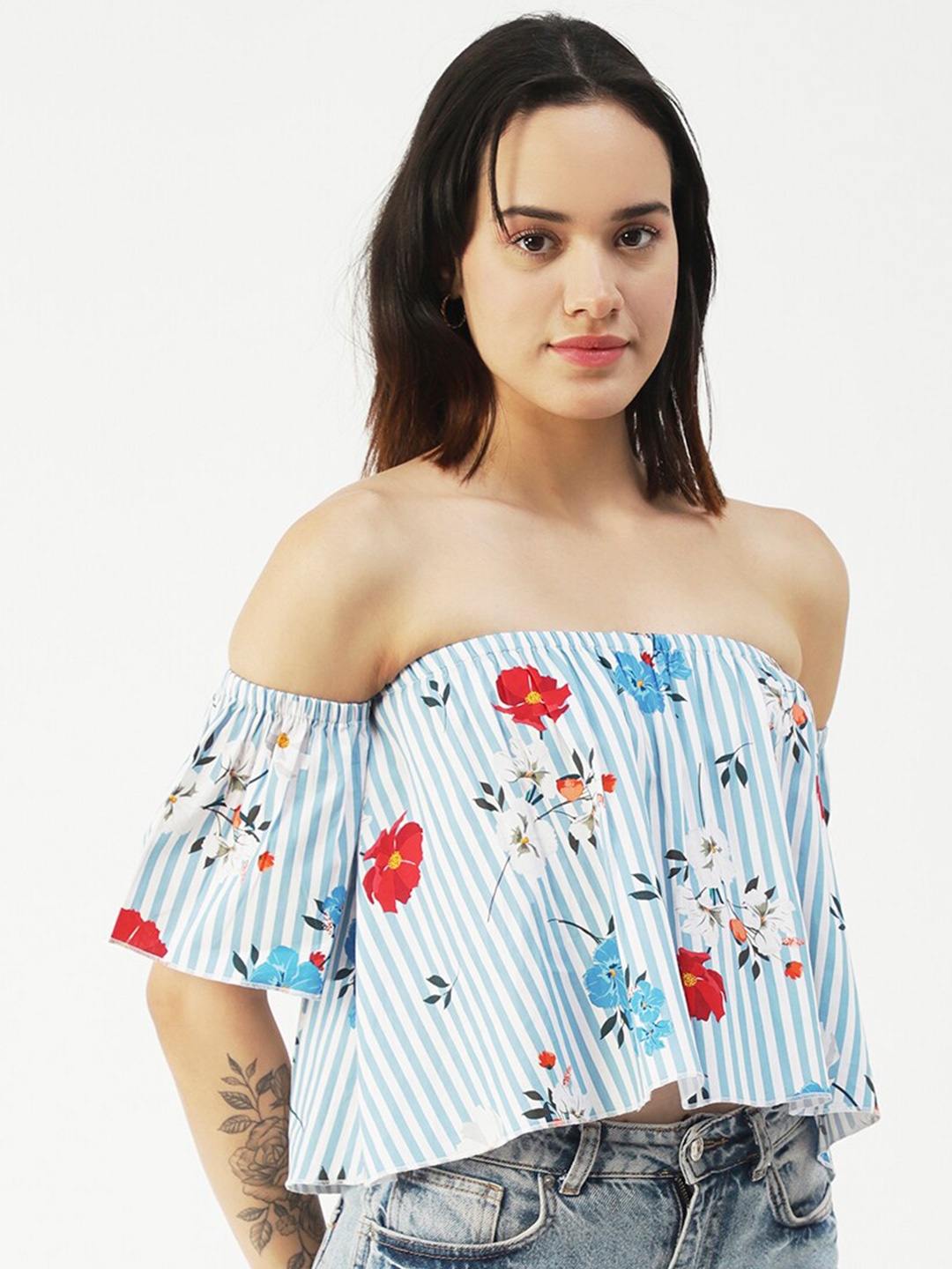 

Moomaya Floral Print Off-Shoulder Cotton Regular Top, Blue
