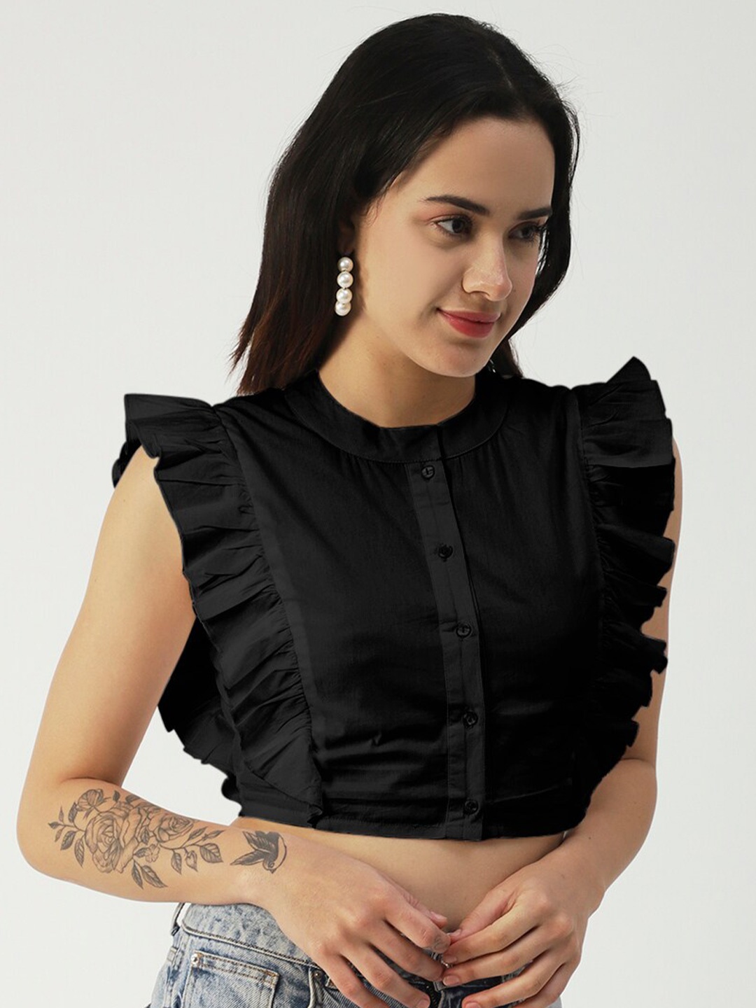 

Moomaya Mandarin Collar Flutter Sleeve Cotton Shirt Style Crop Top, Black