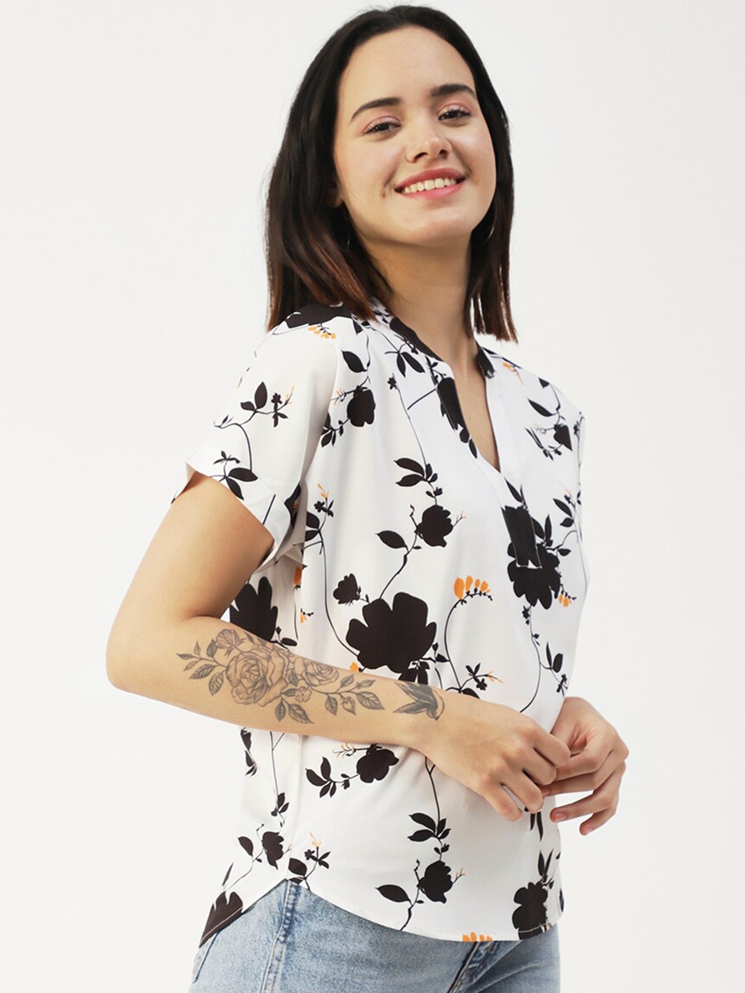 

Moomaya Floral Print Shirt Style Top, White