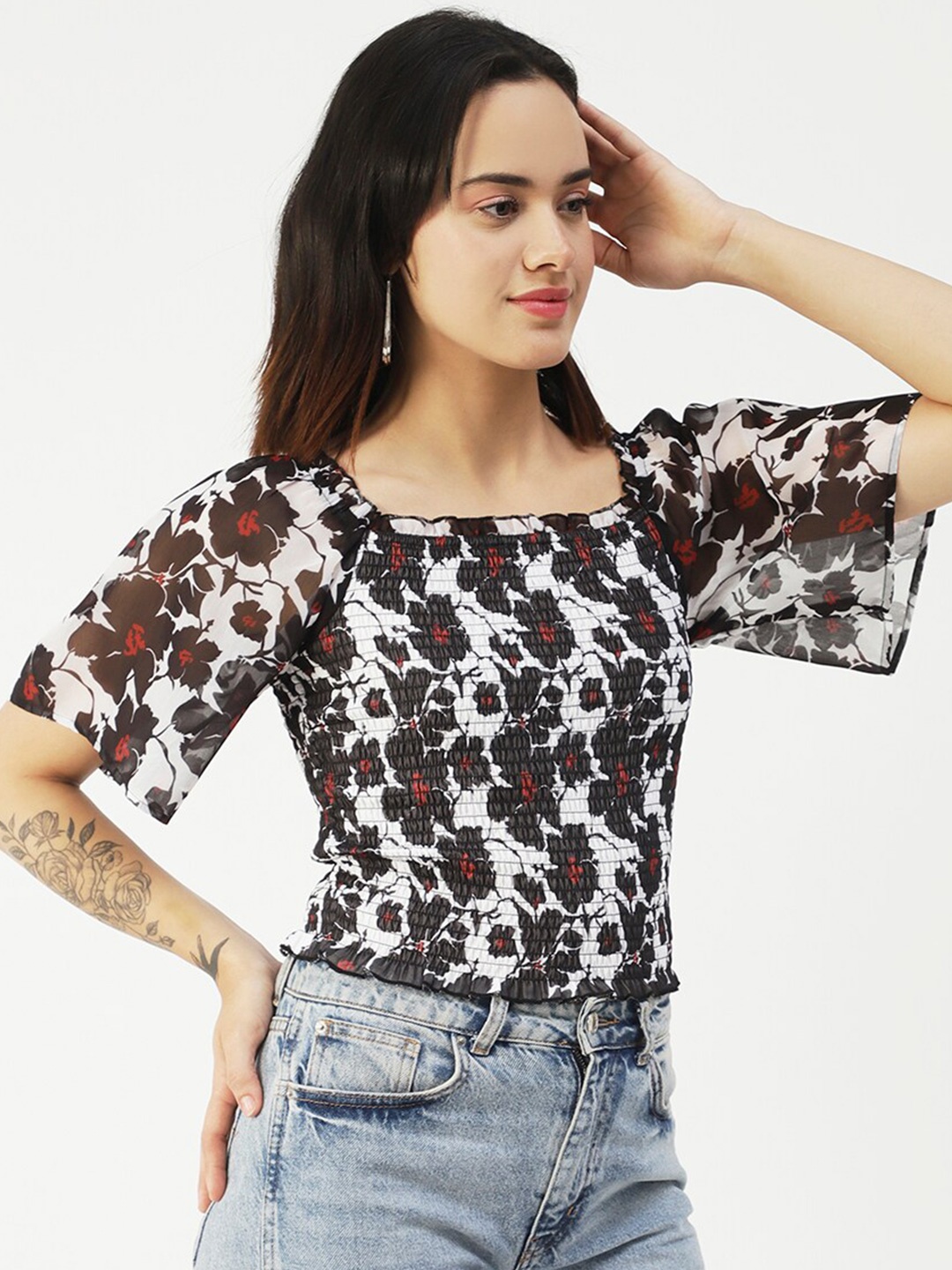 

Moomaya Floral Printed Flutter Sleeves Fitted Top, Black