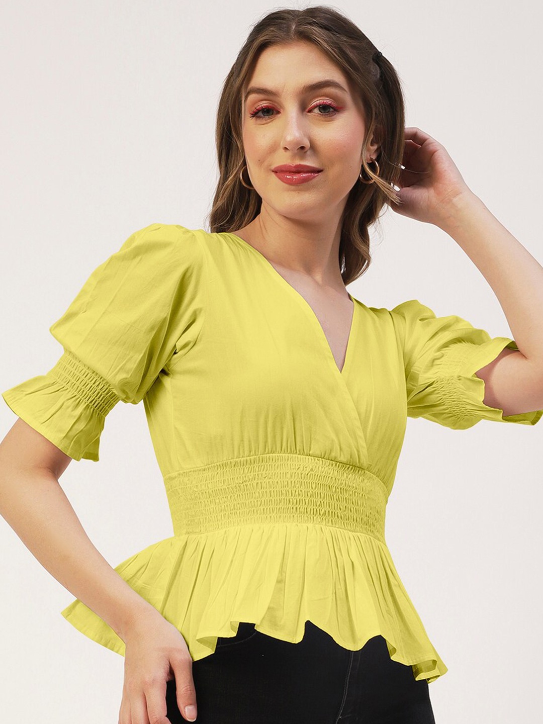 

Moomaya Puff Sleeve Cotton Cinched Waist Top, Yellow