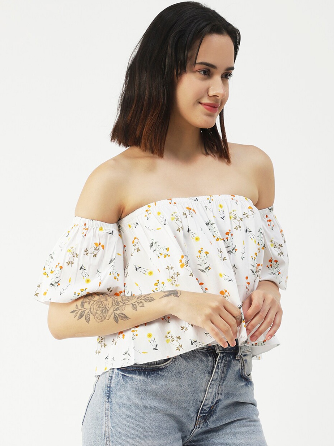 

Moomaya Floral Printed Off-Shoulder Cotton Bardot Crop Top, White