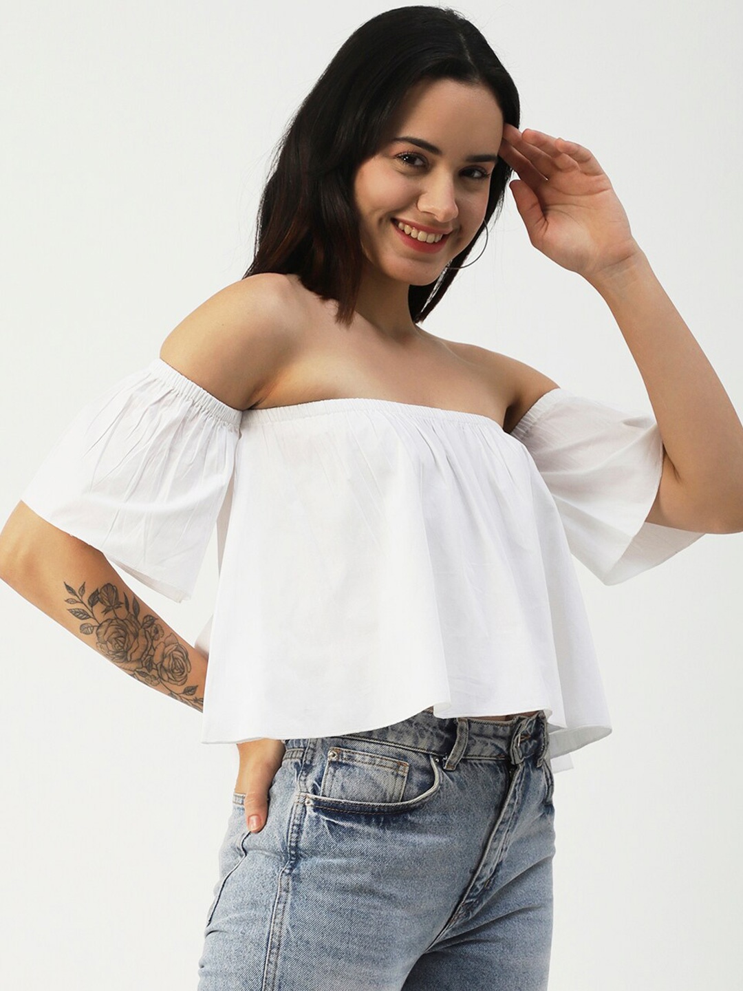 

Moomaya Off-Shoulder Cotton Bardot Crop Top, White