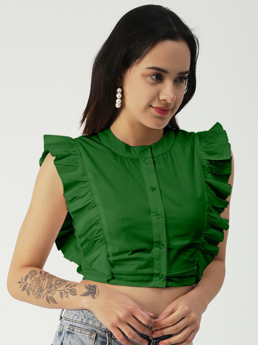 

Moomaya Flutter Sleeves Cotton Shirt Style Crop Top, Green