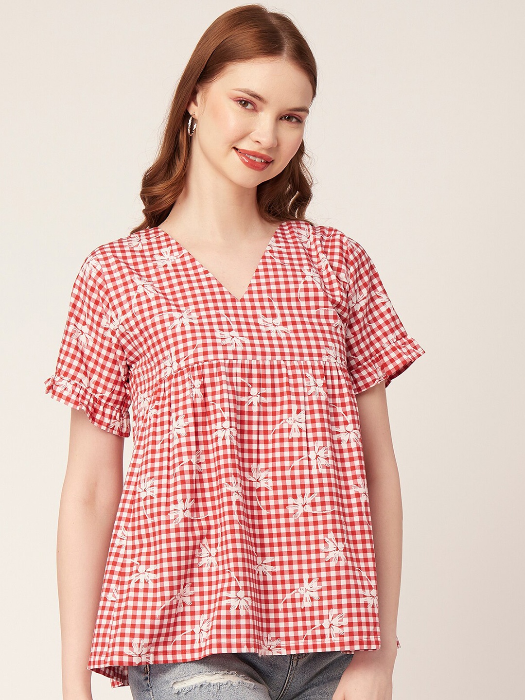 

Moomaya Checked V-Neck Cotton Top, Red