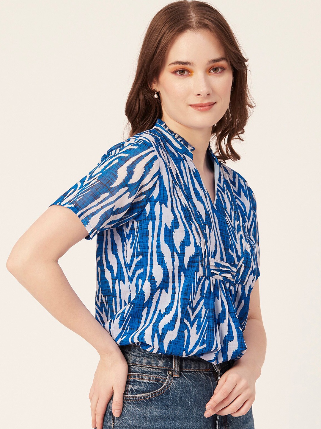 

Moomaya Abstract Printed Mandarin Collar Top, Blue