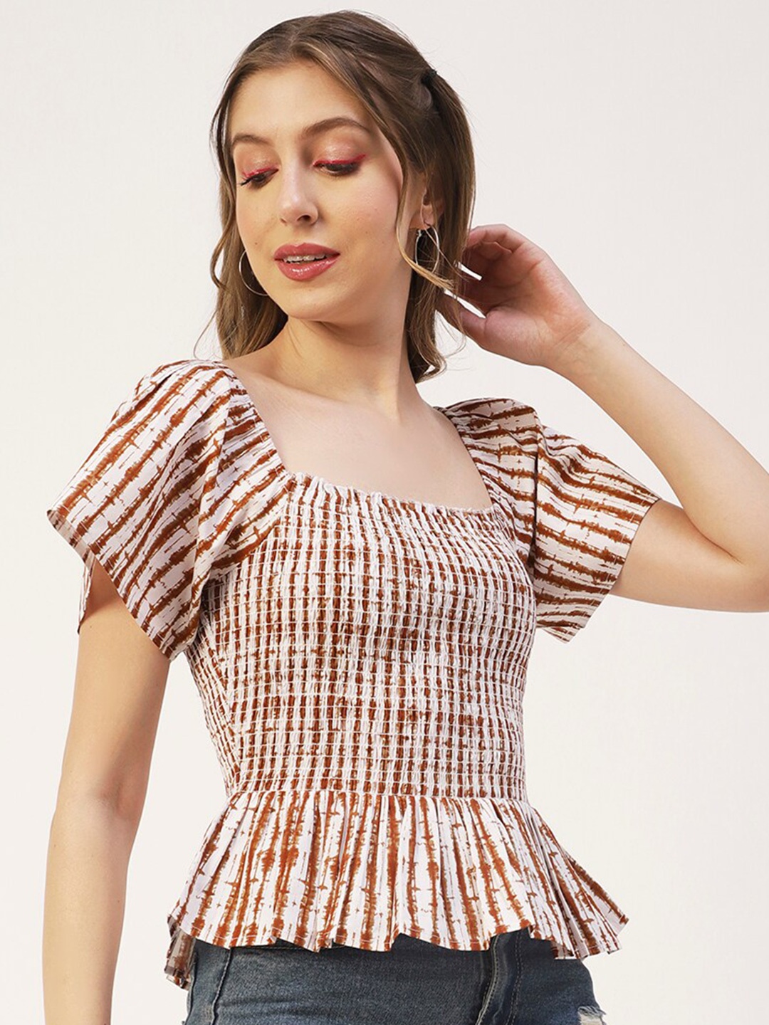 

Moomaya Aabstract Printed Square Neck Cotton Cinched Waist Top, Brown