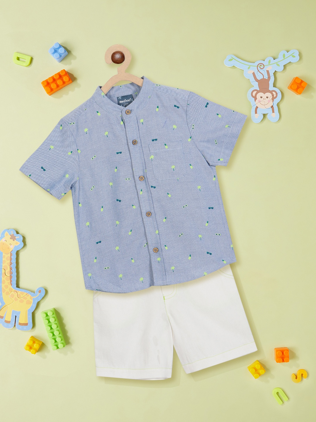 

Nauti Nati Boys Printed Pure Cotton Shirt with Shorts, Blue