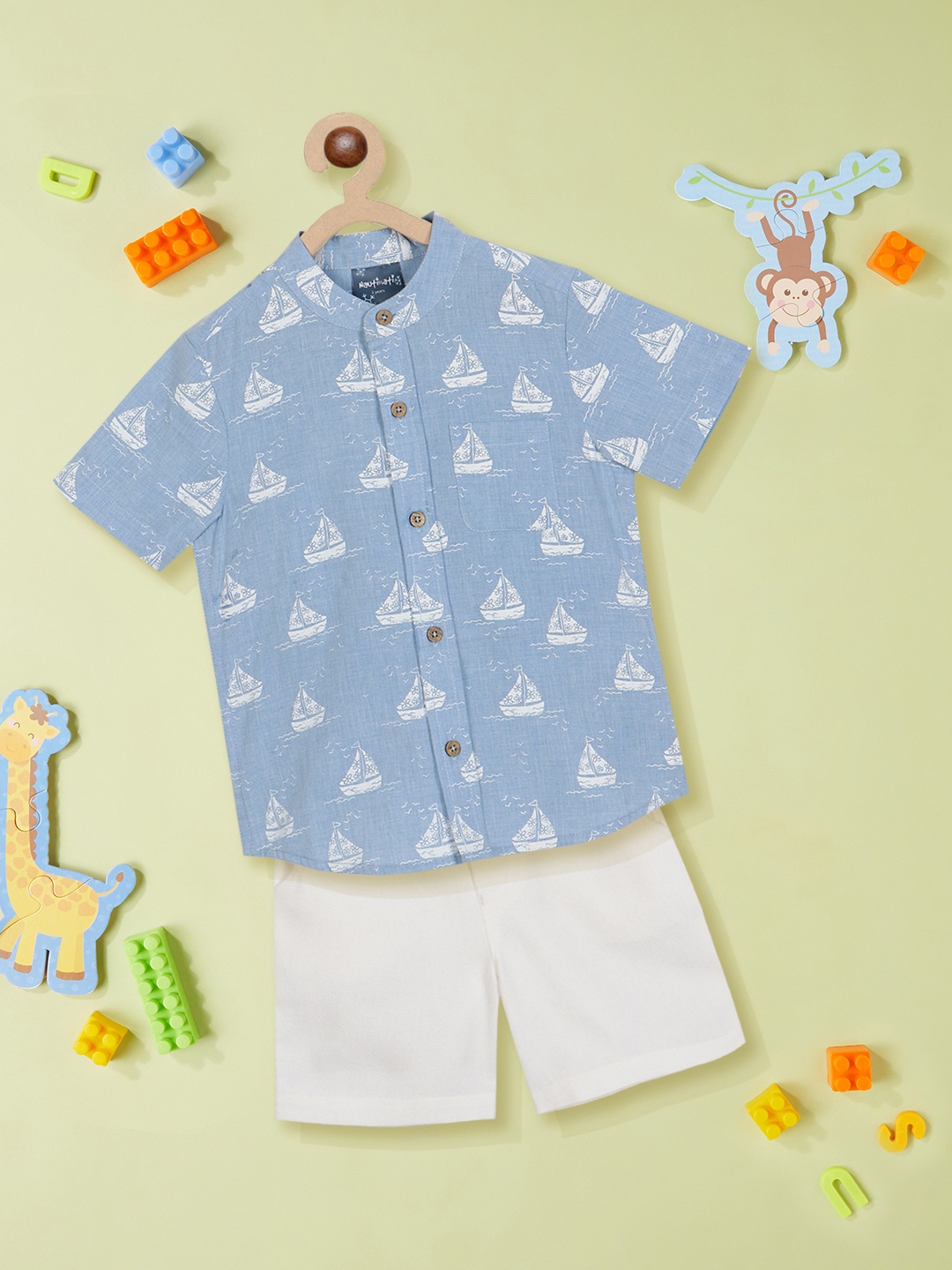 

Nauti Nati Boys Printed Pure Cotton Shirt with Shorts, Blue