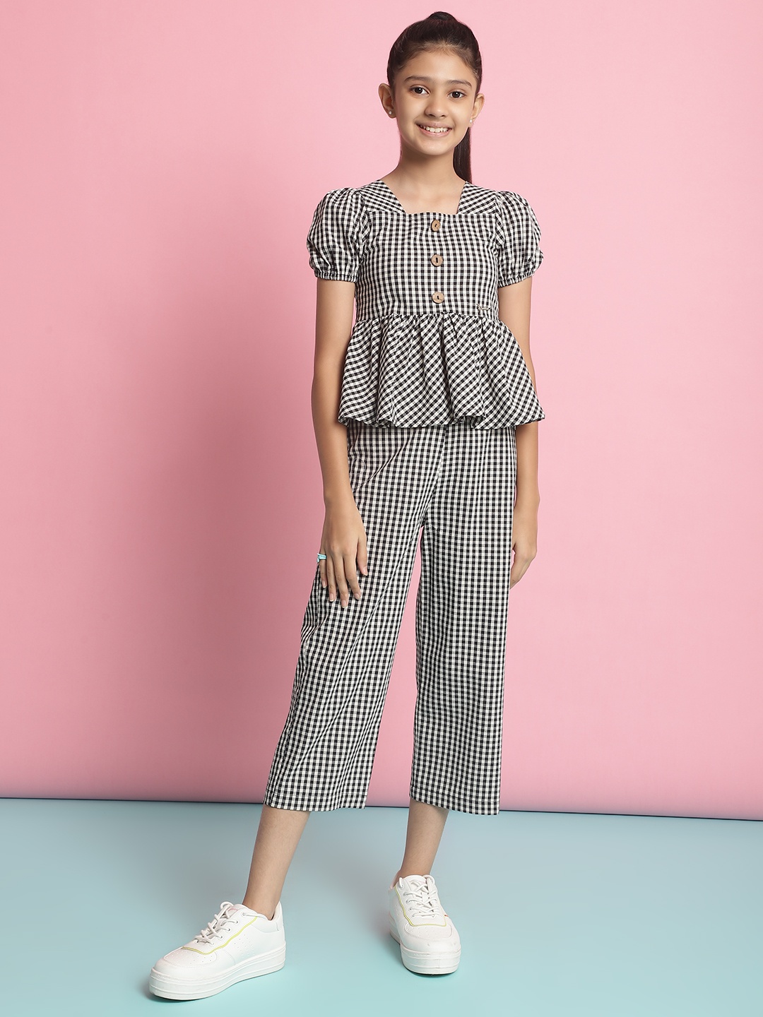 

Natilene Girls Checked Top with Trousers, Black