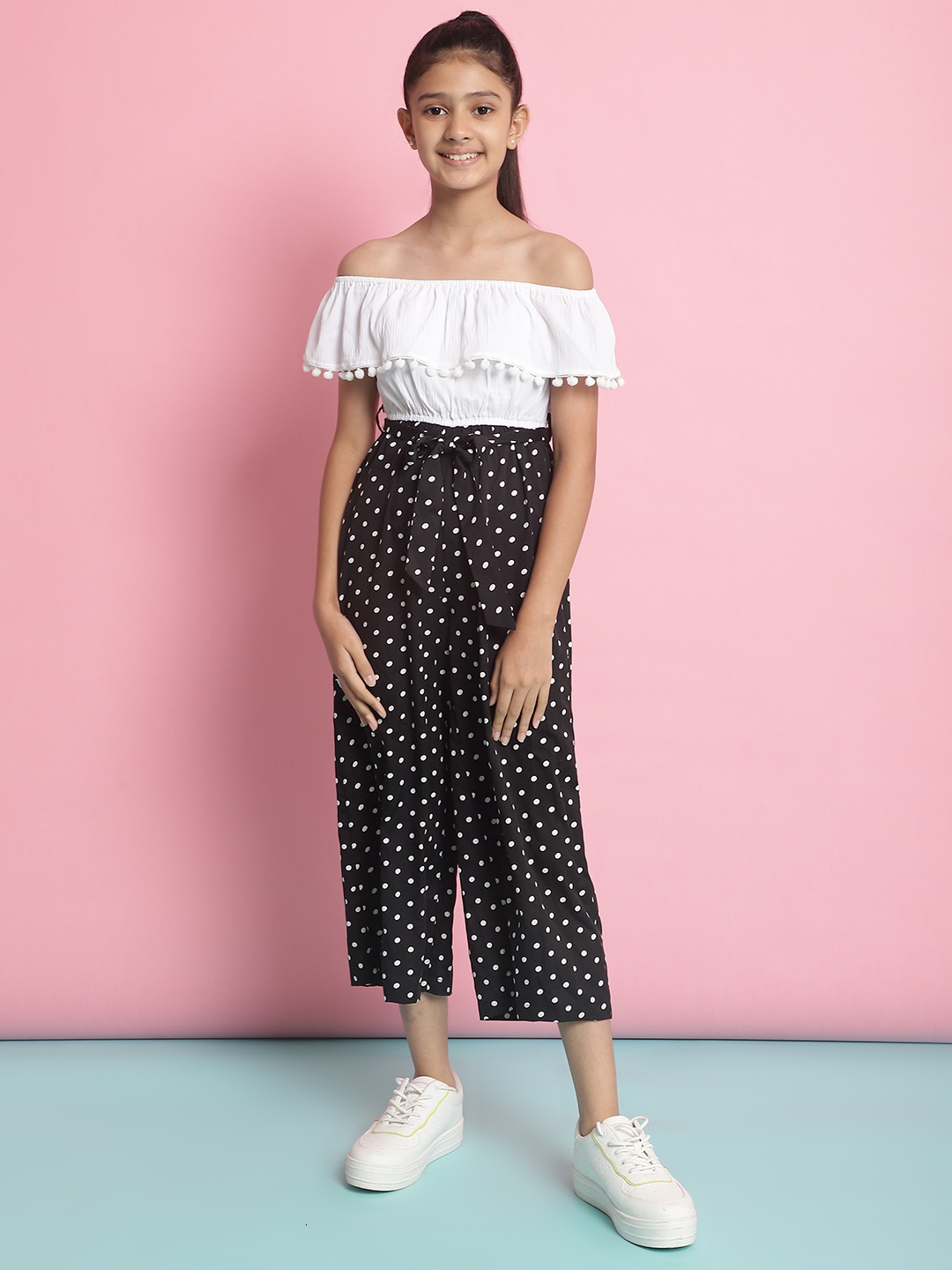 

Natilene Girls Printed Off-Shoulder Basic Jumpsuit With Ruffles, Black