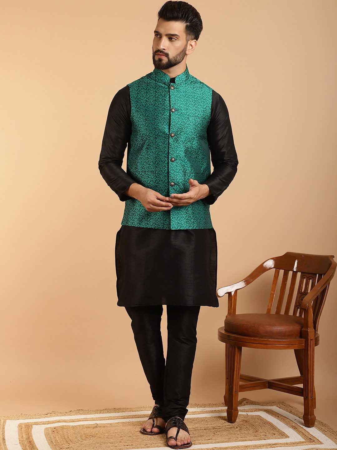 

SOJANYA Band Collar Kurta With Churidar & Embroidered Nehru Jacket, Black