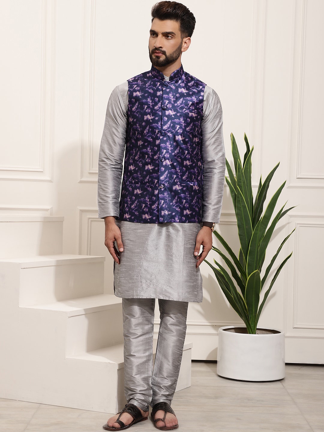 

SOJANYA Band Collar Kurta With Churidar & Printed Nehru Jacket, Grey