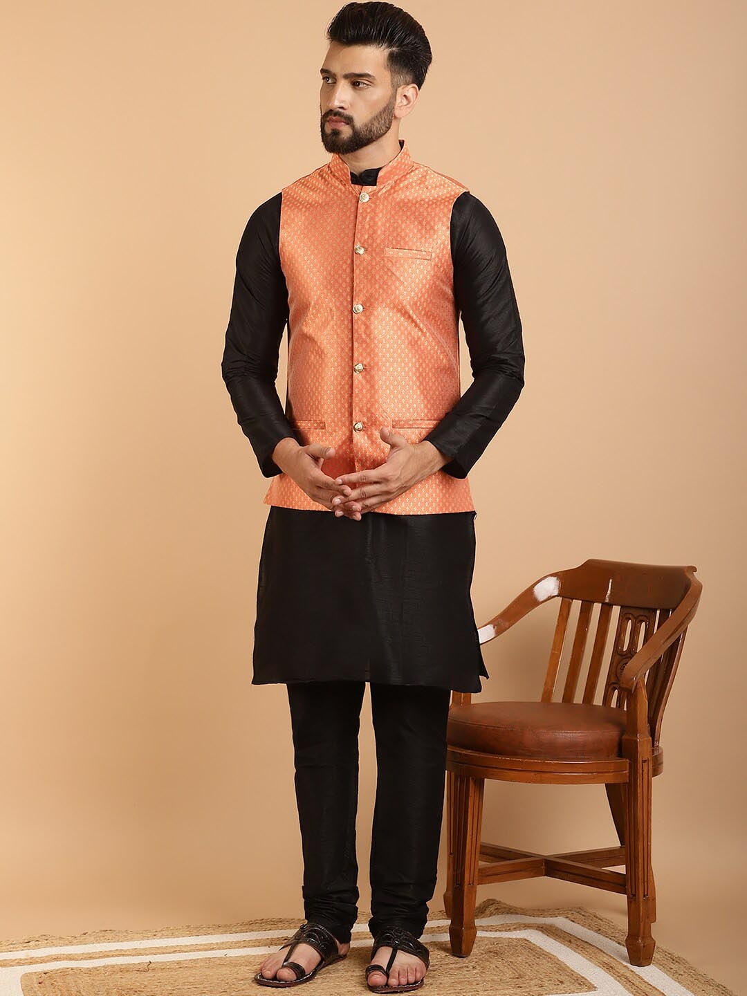 

SOJANYA Woven Design Mandrain Collar Kurta With Churidar & Jacket, Black