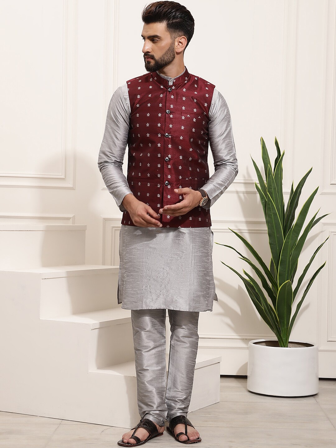 

SOJANYA Regular Kurta With Churidar & Nehru Jacket, Grey