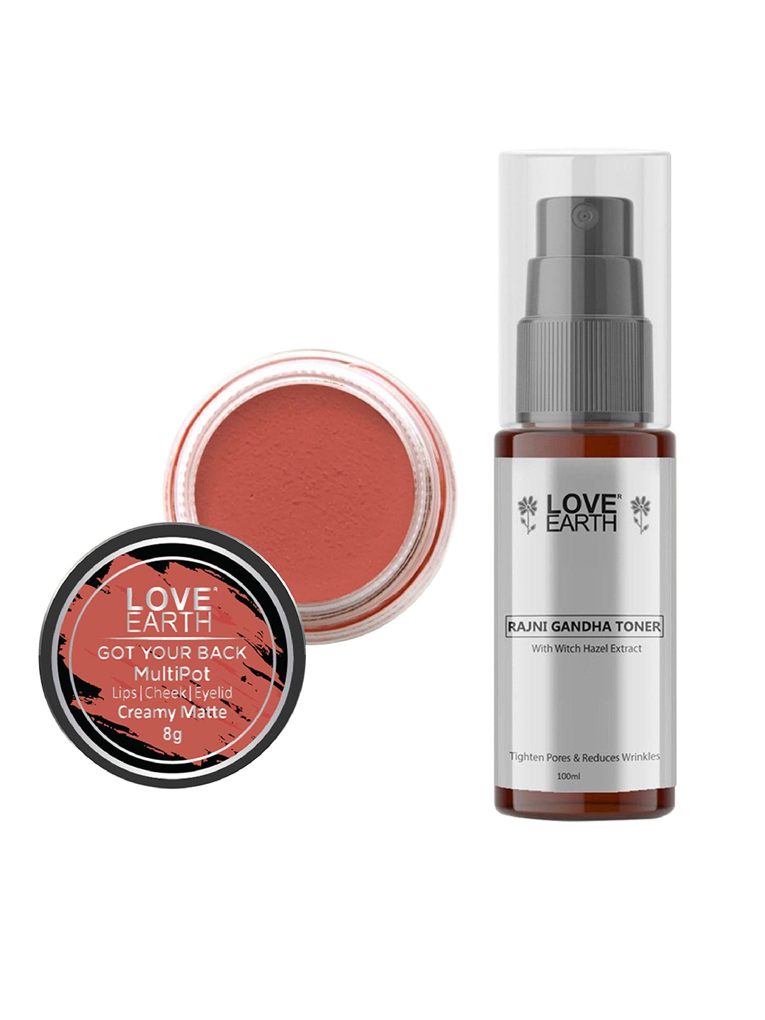 

LOVE EARTH Multipot Lip-Cheek-Eyelid Tint 8g & Rajni Gandha Face Toner 100ml, Peach
