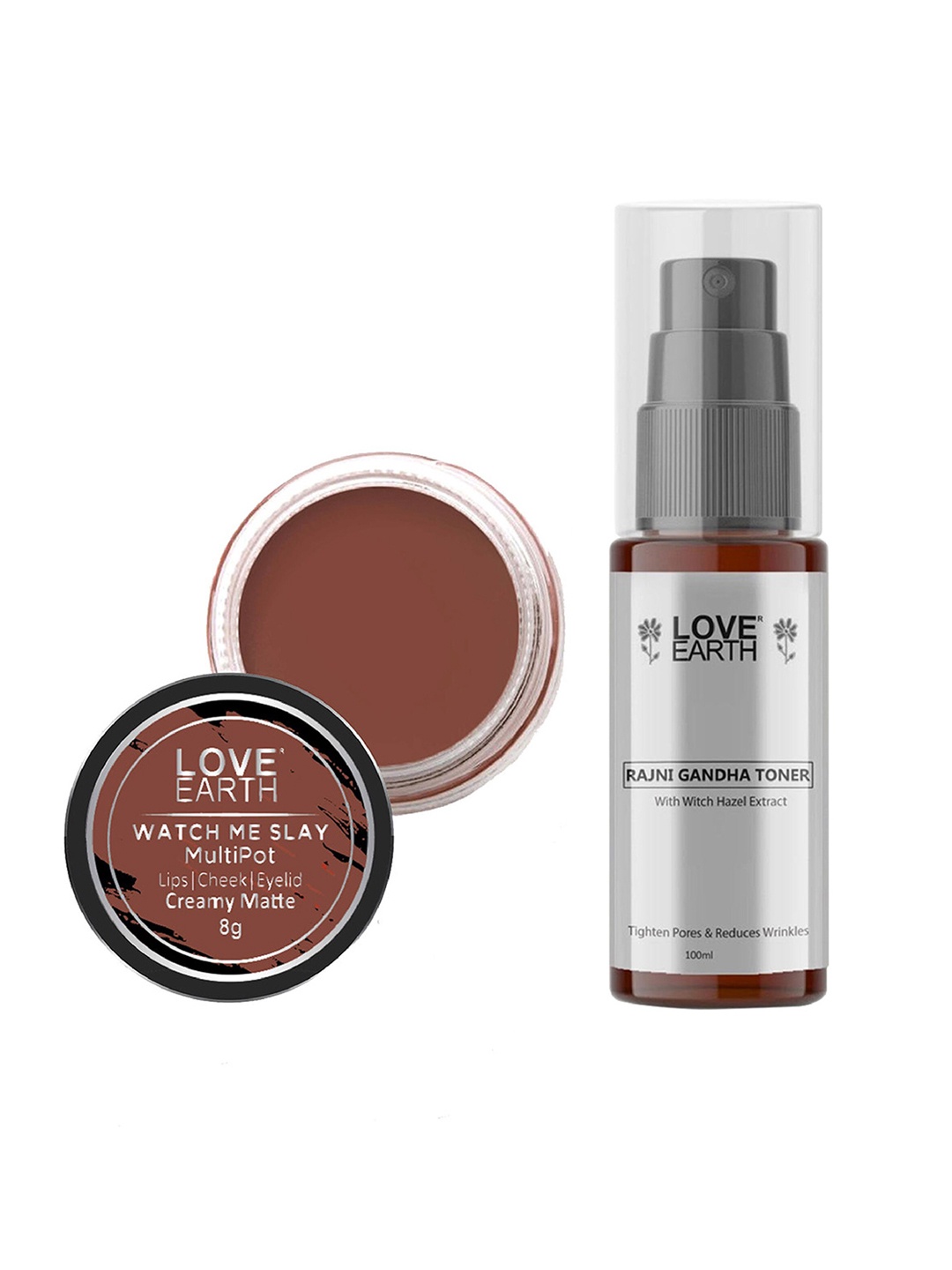 

LOVE EARTH Multipot Lip-Cheek-Eyelid Tint 8g & Rajni Gandha Face Toner 100ml, Brown