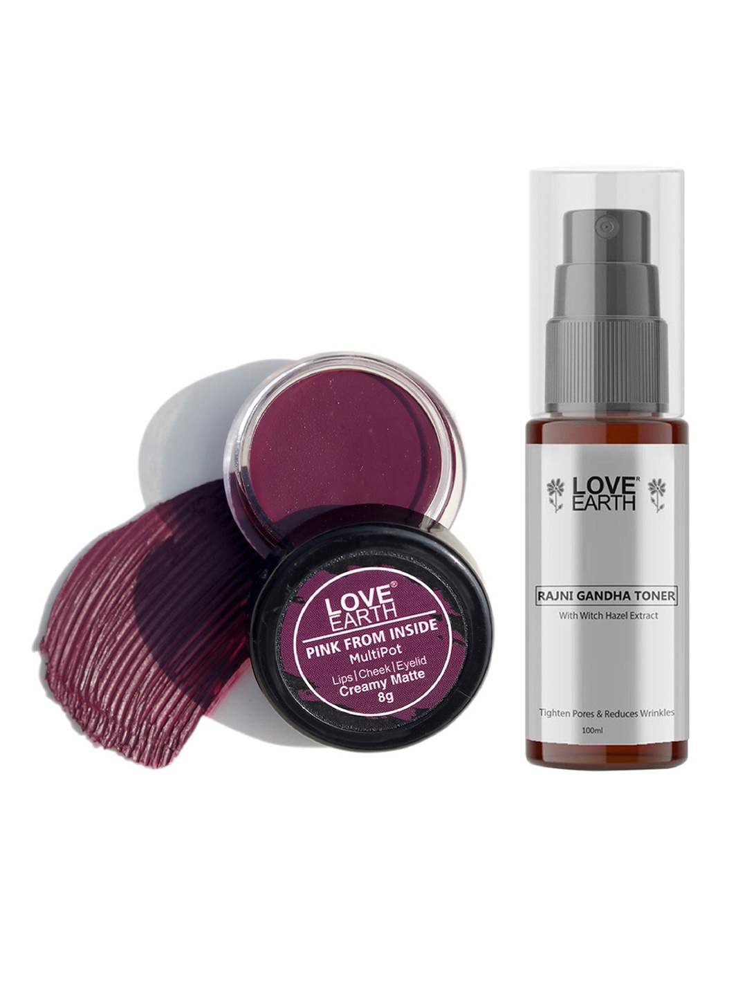 

LOVE EARTH Multipot Lip-Cheek-Eyelid Tint 8g & Rajni Gandha Face Toner 100ml, Purple