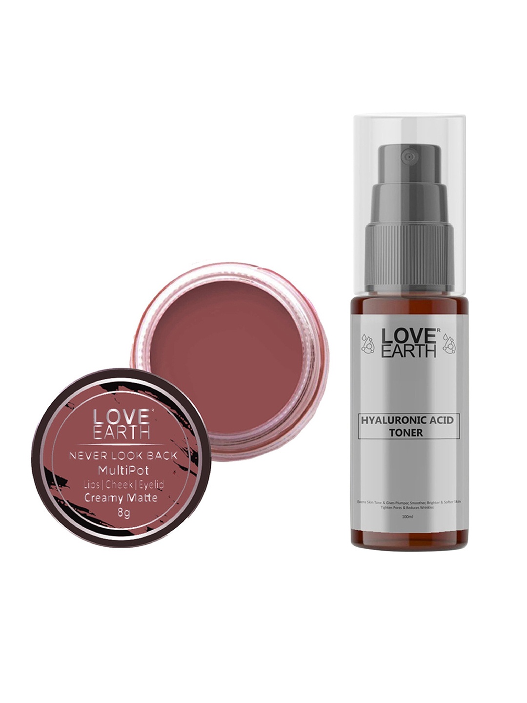 

LOVE EARTH Multipot Lip-Cheek-Eyelid Tint 8g & Hyaluronic Acid Toner 100ml, Pink