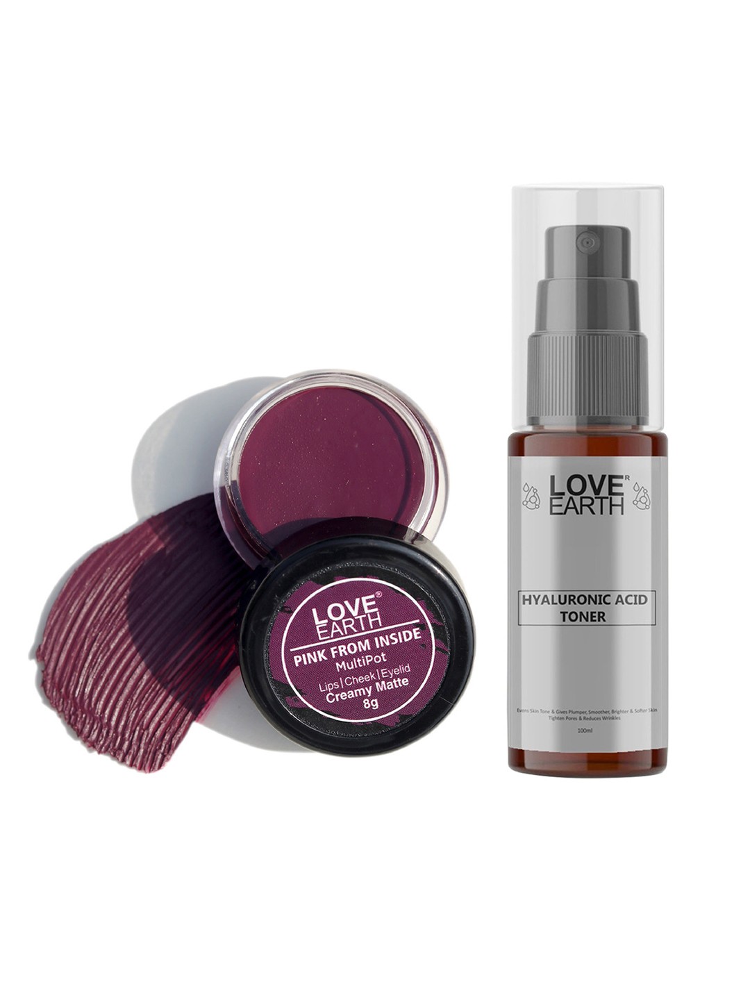 

LOVE EARTH Multipot Lip-Cheek-Eyelid Tint 8g & Hyaluronic Acid Toner 100ml, Purple