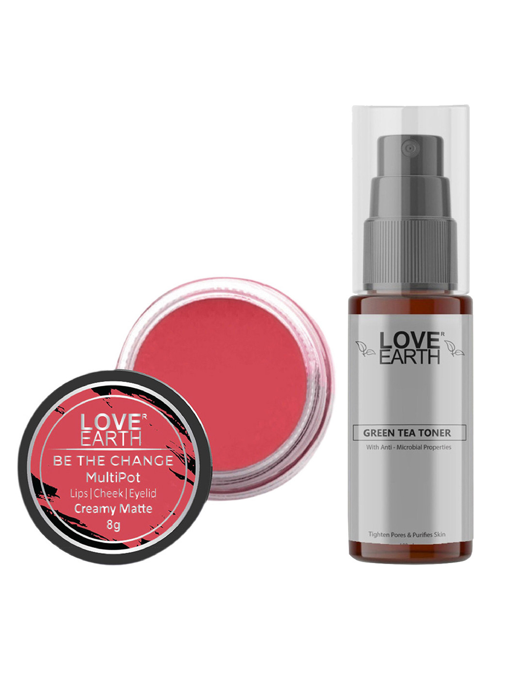 

LOVE EARTH Multipot Lip-Cheek-Eyelid Tint 8g & Green Tea Toner 100ml, Pink