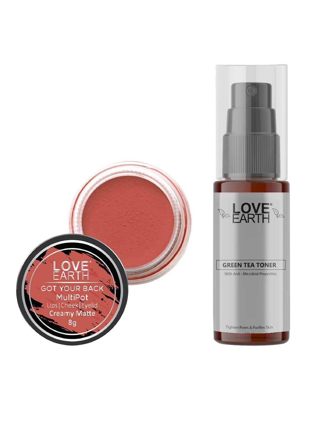 

LOVE EARTH Set of Multipot Matte Lip-Cheek-Eyelid Tint - Got Your Back + Green Tea Toner, Rust