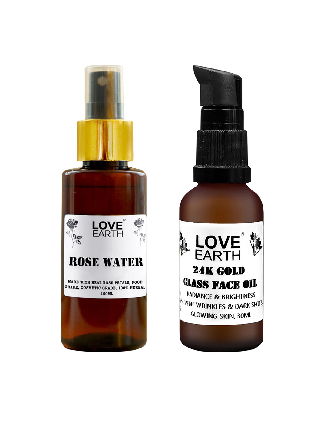 

LOVE EARTH Set of Rose Water Face Mist Toner 100 ml + 24K Gold Glass Face Oil 30 ml, Brown