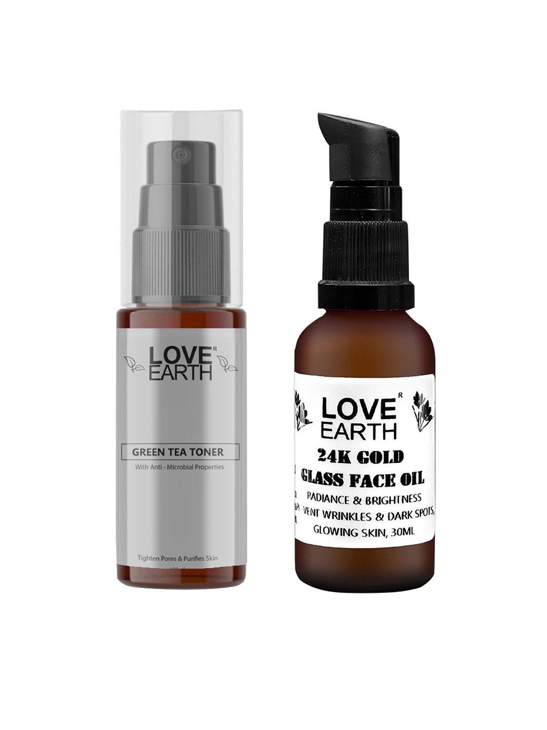 

LOVE EARTH Set of Green Tea Toner 100 ml + 24K Gold Glass Face Oil 30 ml, Brown