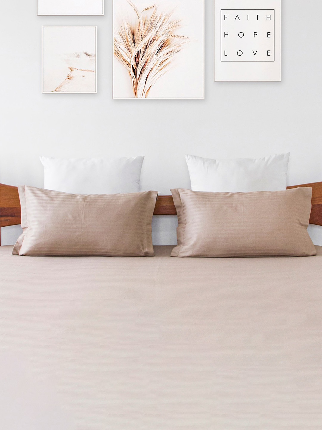 

HOMEMONDE Premium Taupe 2-Pieces Striped Cotton Satin 300 TC Pillow Covers