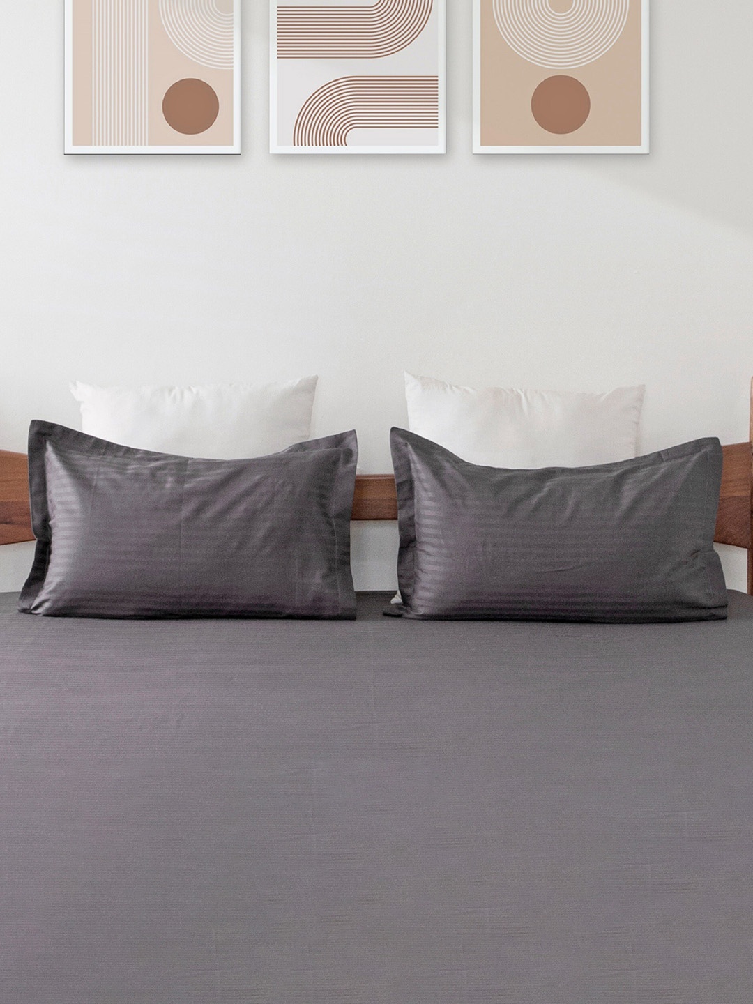

HOMEMONDE Premium Grey 2-Pieces Striped Cotton Satin 300 TC Pillow Covers