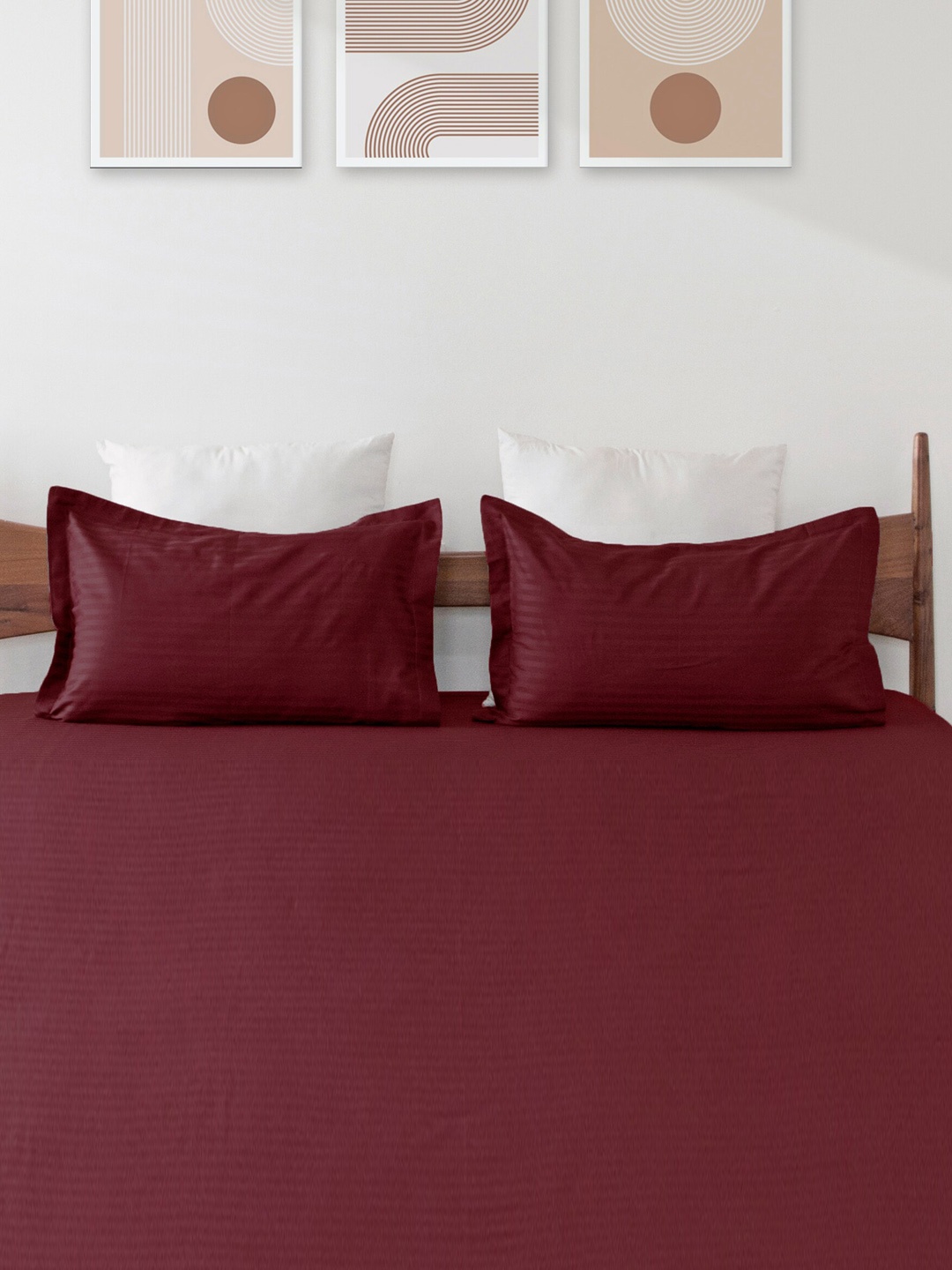 

HOMEMONDE Premium Maroon 2-Pieces Striped Cotton Satin 300 TC Pillow Covers