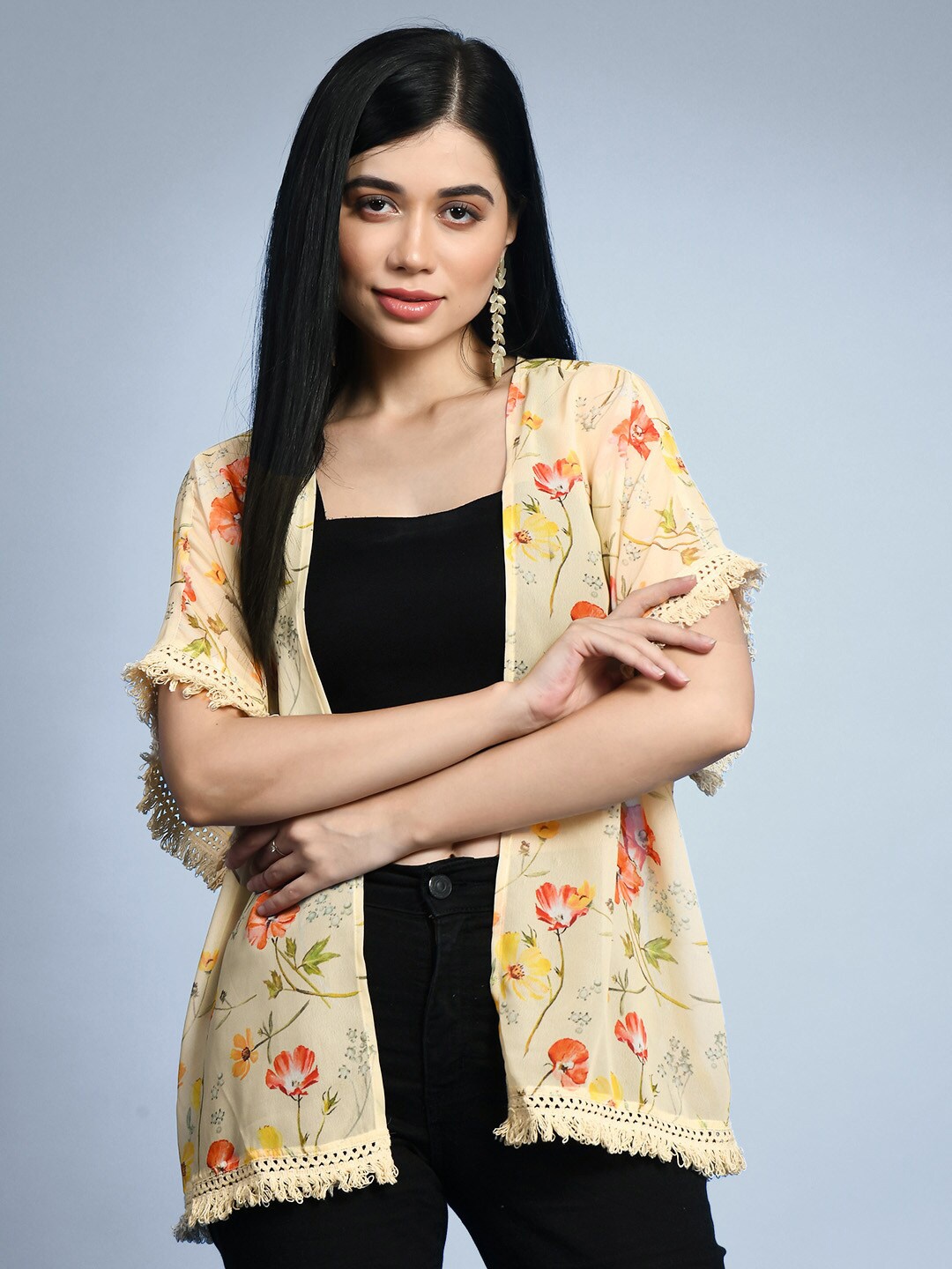 

CHARMGAL Floral Printed Open Front Shrug, Yellow