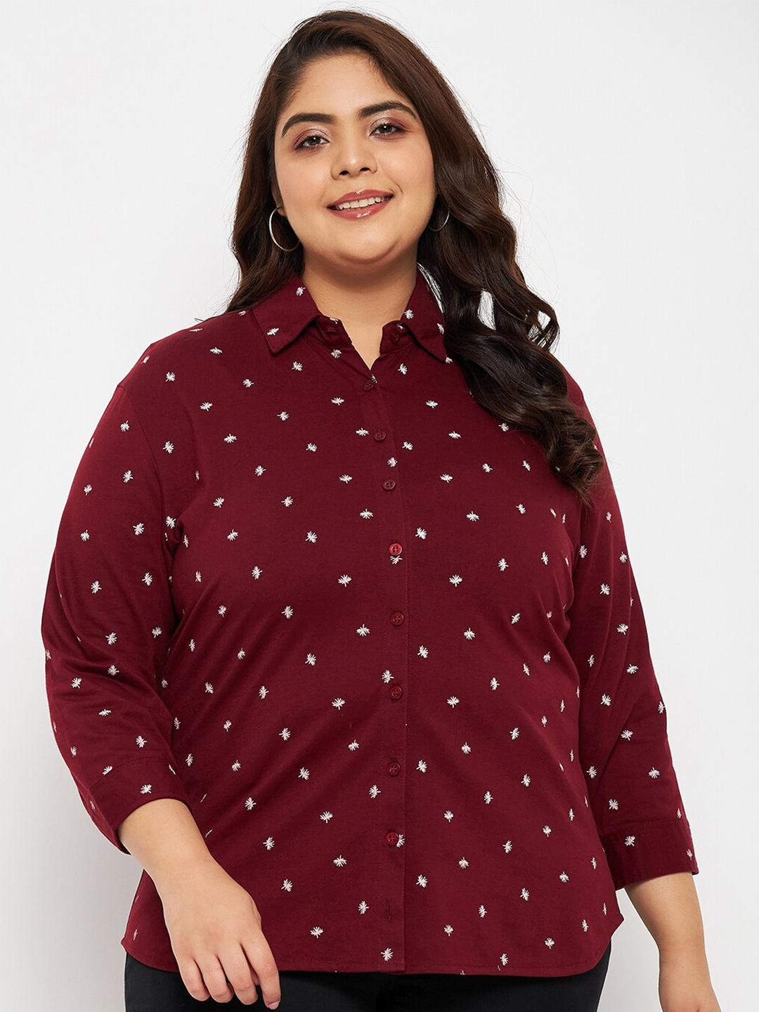 

Adobe Plus Size Micro Ditsy Print Shirt Style Top, Burgundy