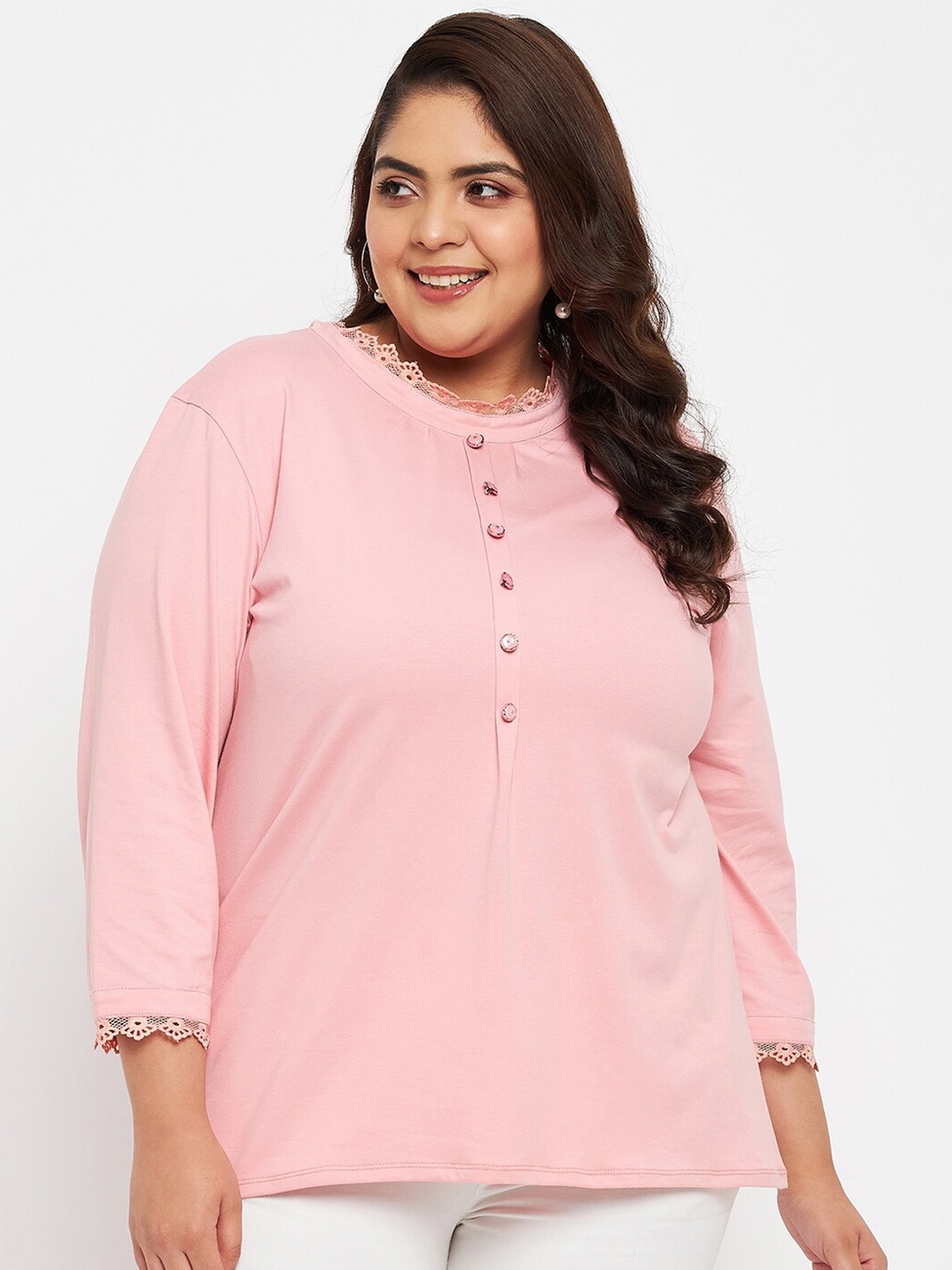 

Adobe Plus Size Round Neck Lace Up Top, Pink