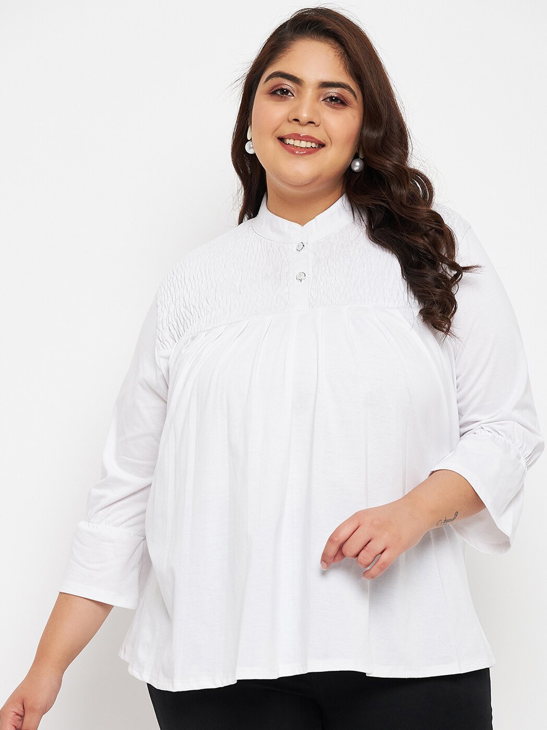 

Adobe Plus Size Mandarin Collar A-Line Top, White