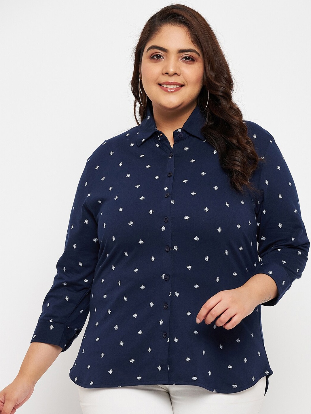 

Adobe Plus Size Micro Ditsy Print Shirt Style Top, Navy blue