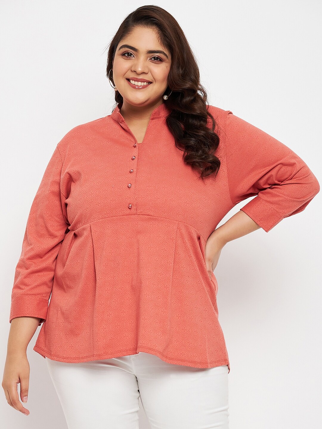 

Adobe Plus Size Mandarin Collar Pleated Empire Top, Rust