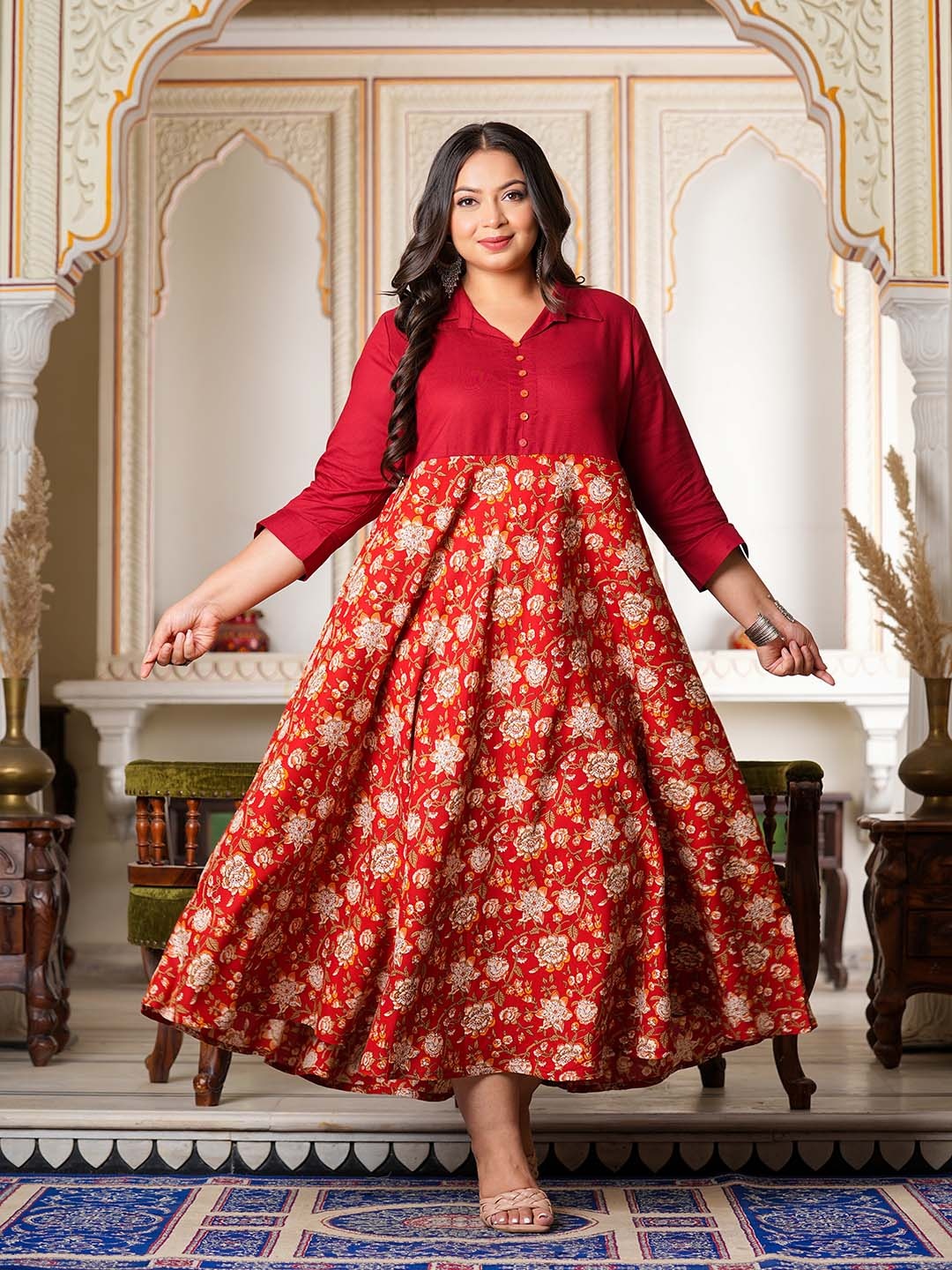 

YASH GALLERY Floral Printed Shirt Collar A-Line Dress, Maroon