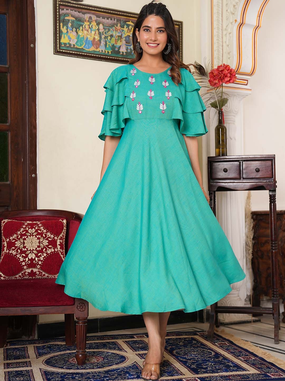 

YASH GALLERY Embroidered Flutter Sleeves A-line Dress, Green