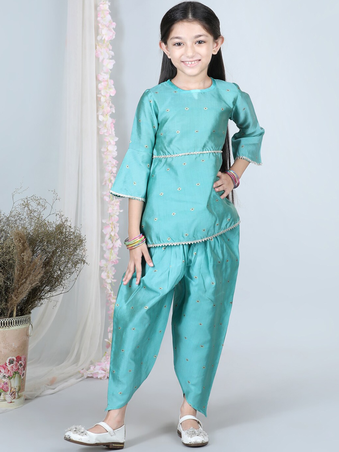 

Cutiekins Girls Round Neck Self Design Gotta Patti Bell Sleeve Kurta with Dhoti Pants, Turquoise blue