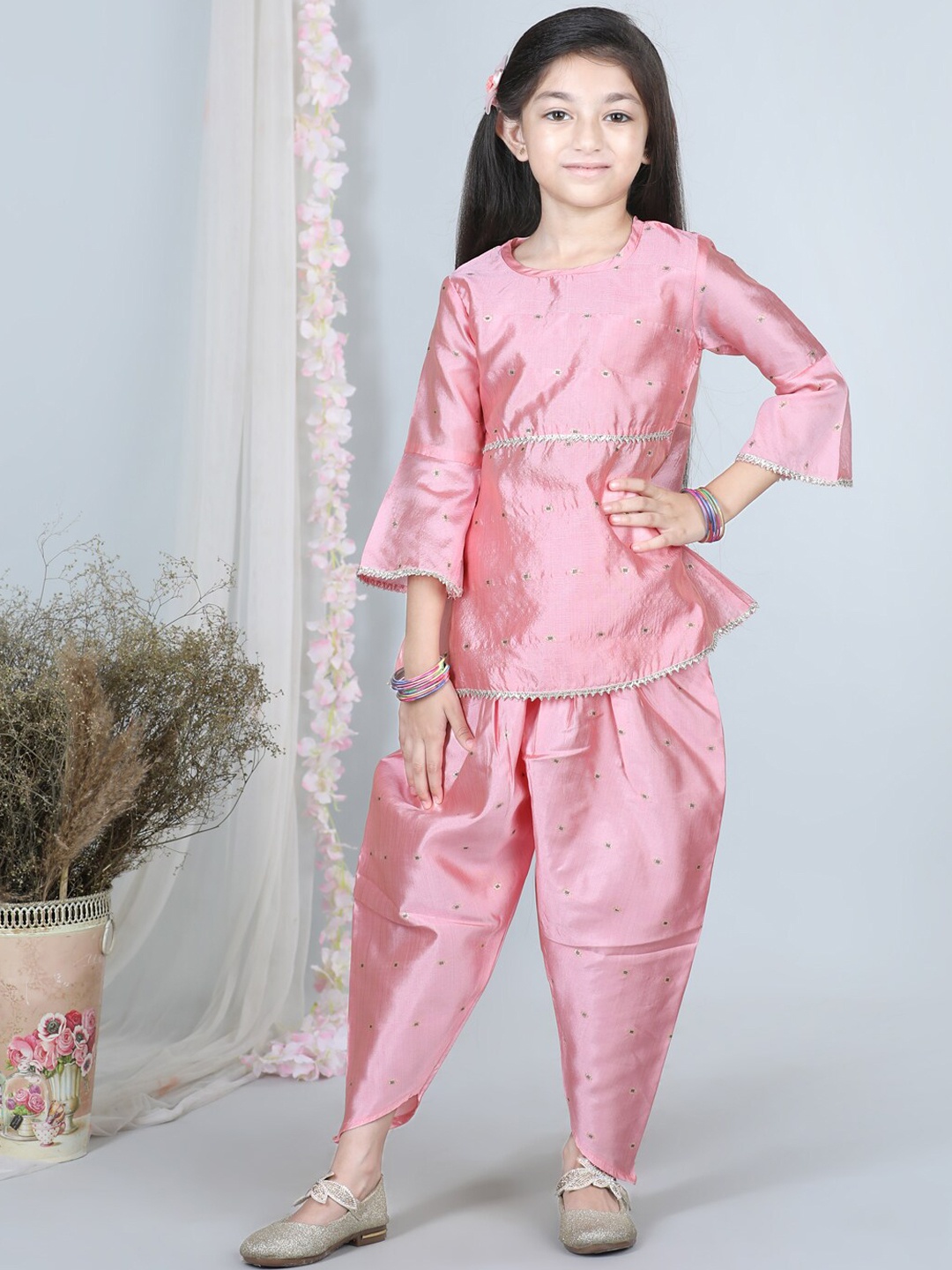 

Cutiekins Girls Round Neck Self Design Gotta Patti Bell Sleeve Kurta with Dhoti Pants, Peach