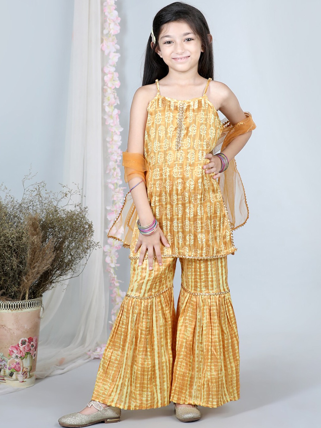 

Cutiekins Girls Ethnic Motif Printed Cotton Kurta & Sharara With Dupatta, Mustard