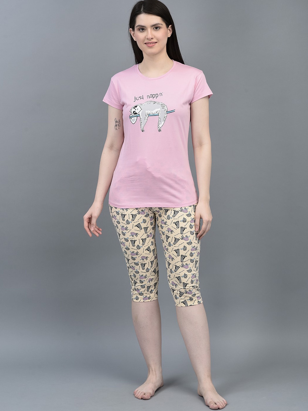 

Dollar Missy Graphic Printed Pure Cotton Night suit, Pink