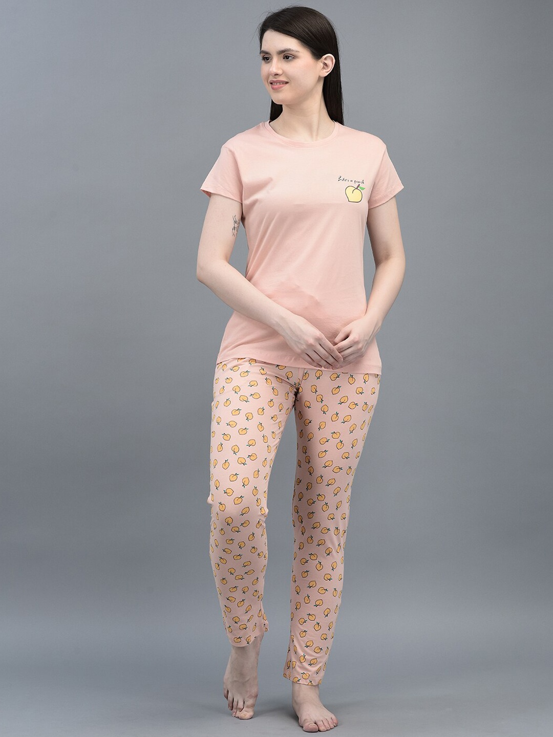 

Dollar Missy Graphic Printed Pure Cotton Night suit, Peach