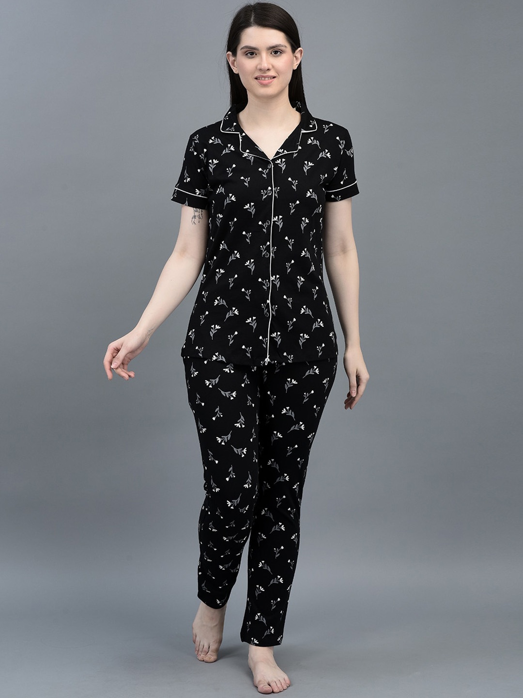 

Dollar Missy Floral Printed Pure Cotton Night suit, Black