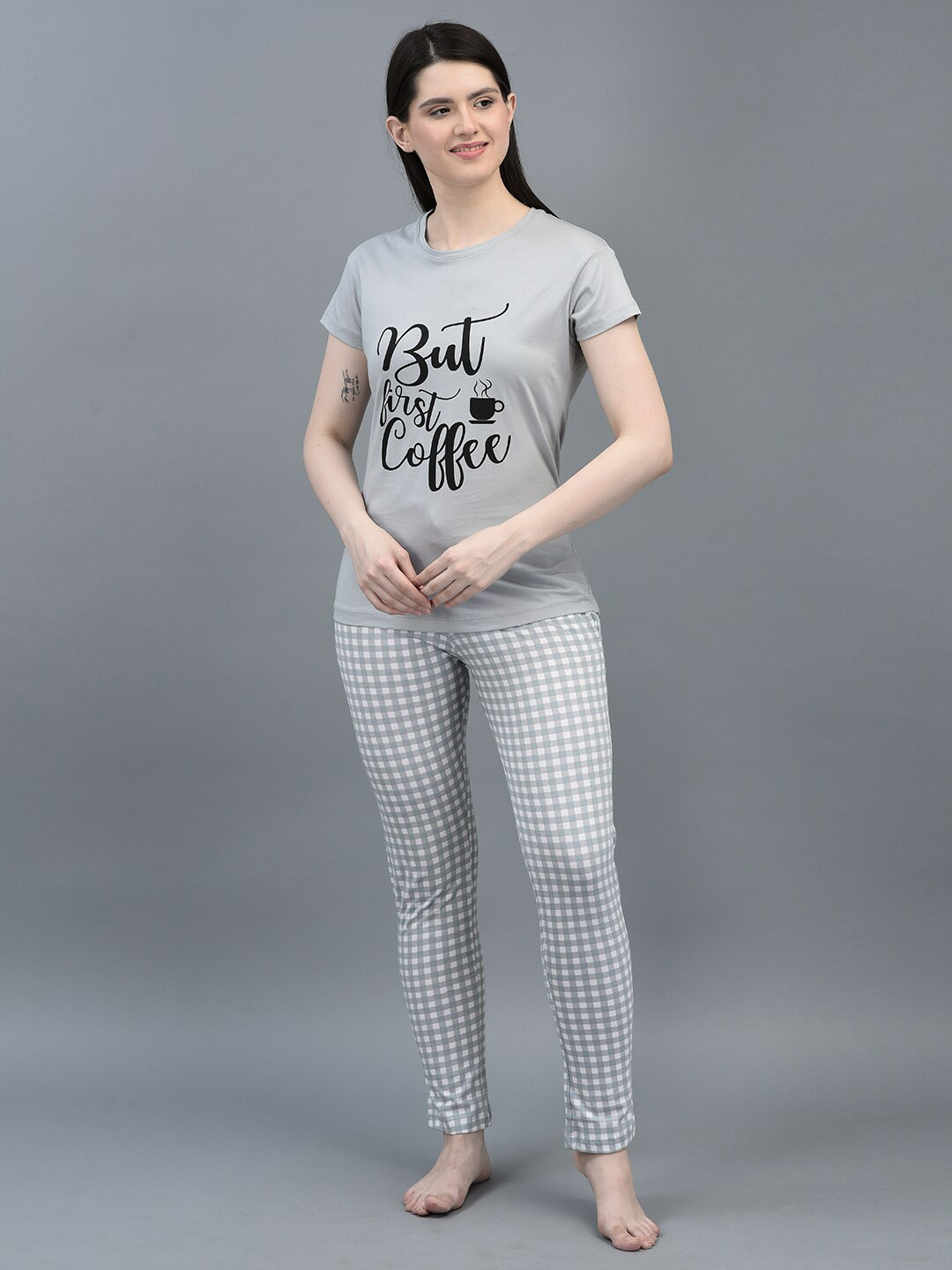 

Dollar Missy Typography Printed Pure Cotton Night suit, Grey