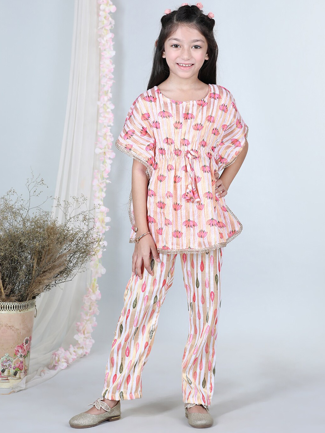 

Cutiekins Girls Floral Printed Round Neck Gotta Patti Kaftan Kurti with Trousers, Peach