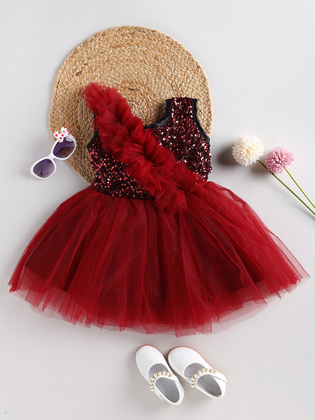 

BAESD Infants Girls Embellished Sequinned Net Fit & Flare Dress, Maroon