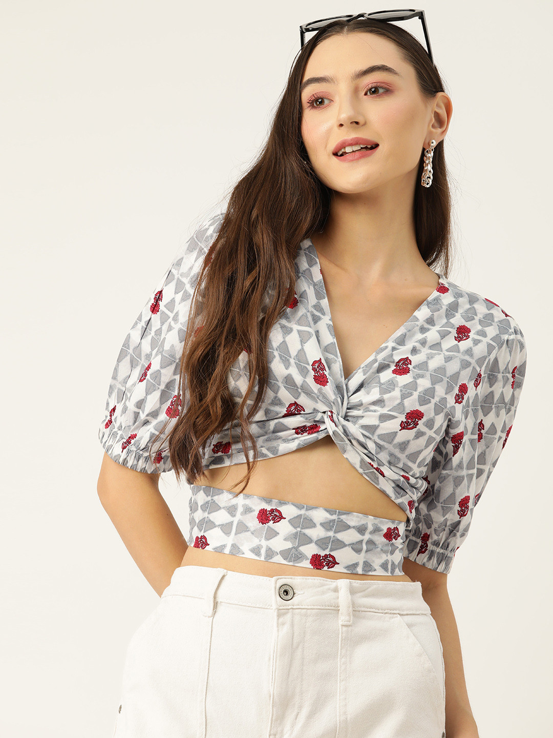 

DressBerry Floral Print Puff Sleeve Crop Top, Grey